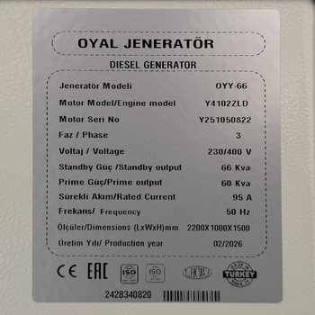 Генератор дизельный OYAL OYY-66 YANG DONG Y4102ZLD 66KVA/52.8KW, Alternator OYL224E, расход 75% нагрузки - 10.2 Литров/Час, 230/400V, 50Hz (AVR+ATS) 2400*1000*1500mm, 1040kg, 170L Изображение