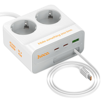 Мережевий фільтр HOCO AC28A на 2 розетки + 1 USB + 3 USB-C, 45W, 220В, кабель 2м, White, Box Зображення