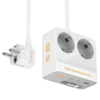 Мережевий фільтр HOCO AC28A на 2 розетки + 1 USB + 3 USB-C, 45W, 220В, кабель 2м, White, Box Зображення