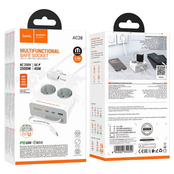 Мережевий фільтр HOCO AC28A на 2 розетки + 1 USB + 3 USB-C, 45W, 220В, кабель 2м, White, Box Зображення