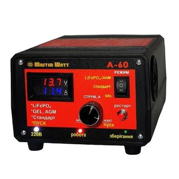 Пуско-зарядне ЗУ для LiFePO4 акумуляторів PZU А-60 12V (20-800Ah) (MF, AGM, GEL, CA/CA, LiFePO4) 60А, 160-245V Зображення
